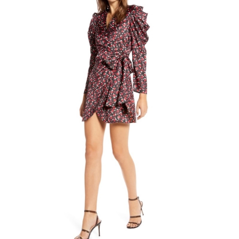 SOMETHING NAVY Puffy Sleeve Wrap Dress Rose Ditsy Print Ditsy Floral Mini Dress